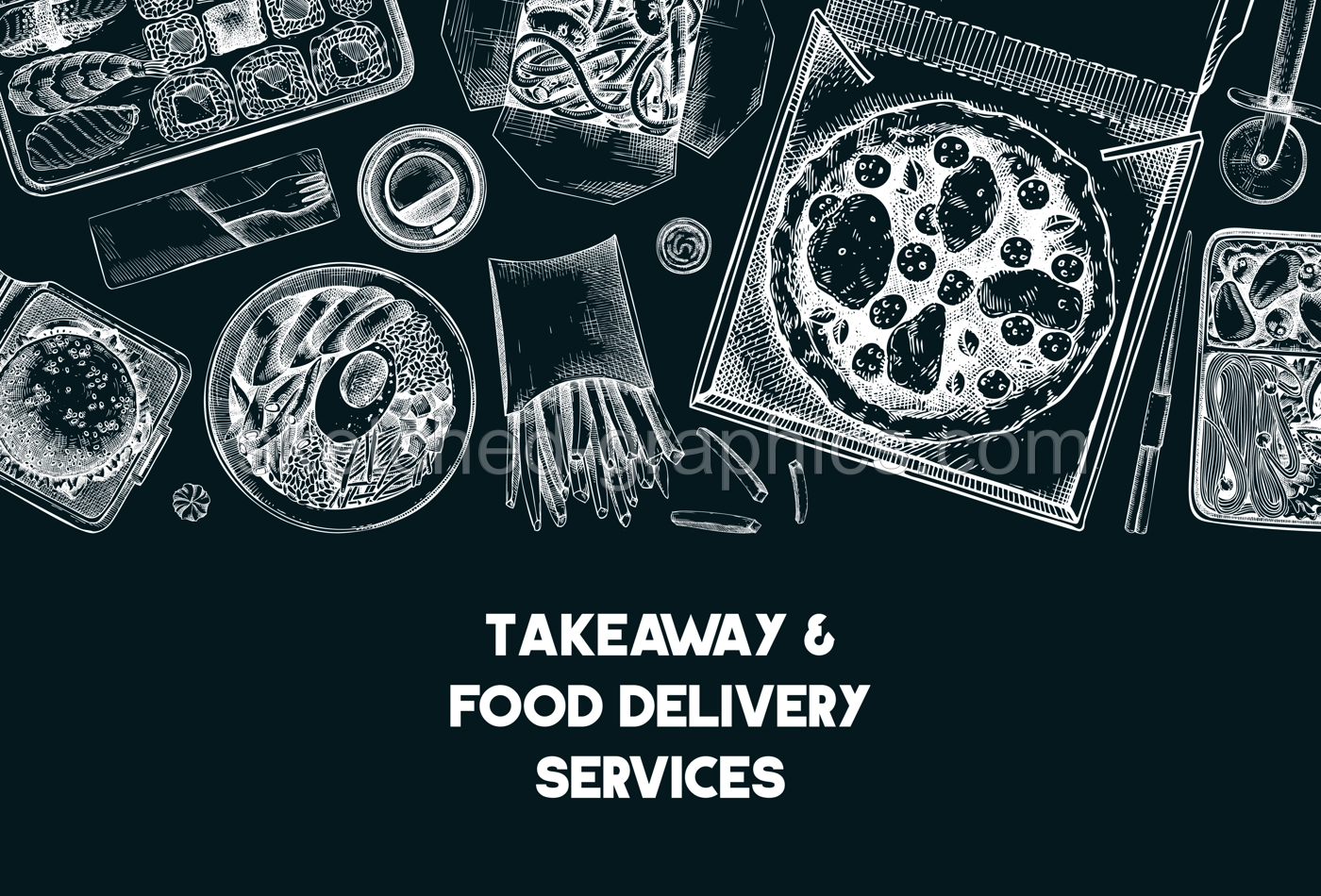 Fast food background. Hand drawn vector illustration on chalkboard.  Food delivery, takeaway food, takeout food in paper box, fast food menu design. Pizza, burger, coffee, noodles, poke, sushi sketch Illustration
